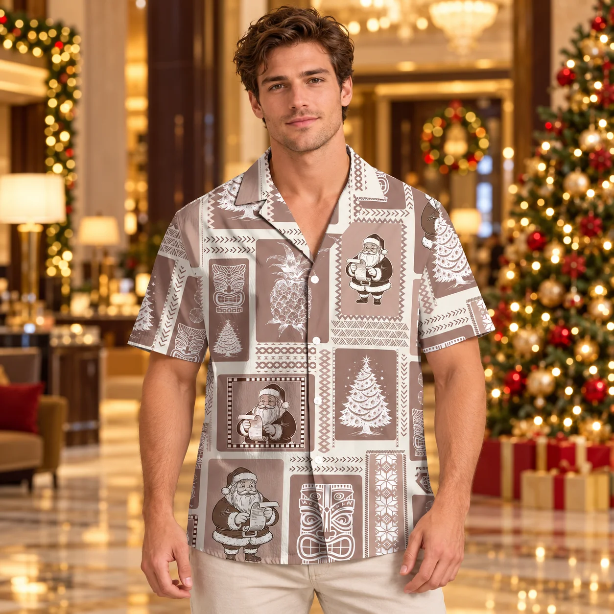 Blouses Santa Tiki Patchwork Hawaiian Shirt Taupe Cream Christmas Tree Prints Men Short Sleeve Holiday Shirts with Button Up Fit