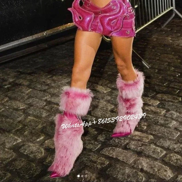 

Pink Plush Fur Knee Boots Woman Gradient Winter Elegant Metal Buckle Design Stiletto Pointed Toe Heels Sexy Leather Silp On Shoe