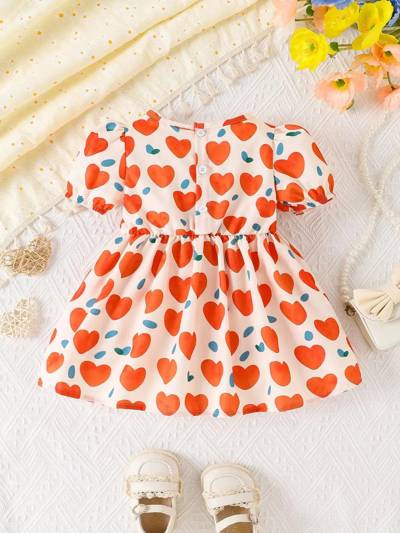 Summer Baby Cute New Sweet Casual Comfortable Breathable Short Sleeve Dress Love Print Pattern Bow Decoration