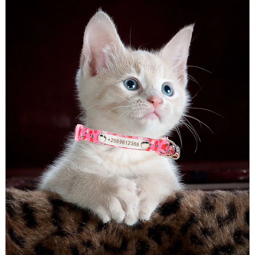 Personalized ID Cat Collar Custom Engraving Adjustable Safety Buckle Fruits Pattern with Bell Nylon Puppy Kittens Accessories