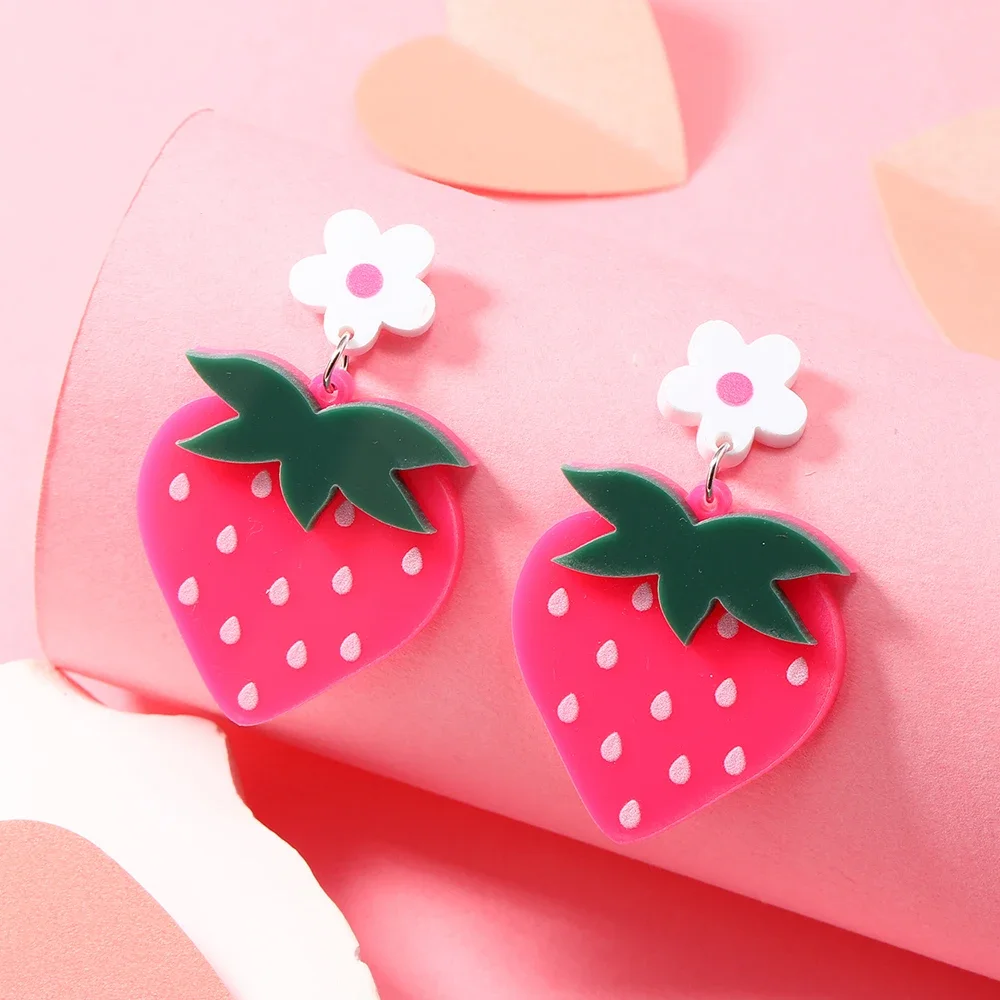 Summer and Autumn Cool Fruits Sweet Strawberry Earrings Earrings Earrings Acrylic Green Leaves White Flower Earrings Female