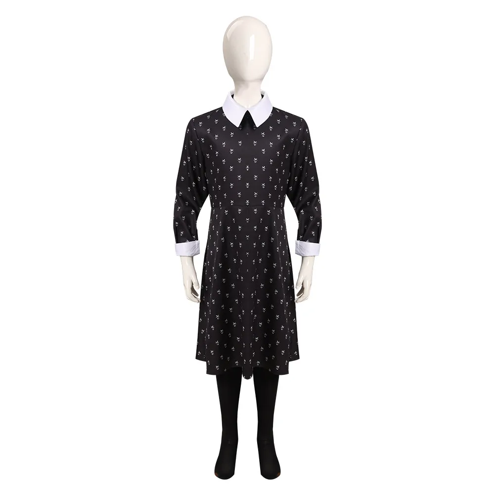 Robe de Costume de Cosplay de mercredi pour Adulte et Enfant, Tenues Féminines, Sac de Perruques, Déguisement de Carnaval d'Halloween