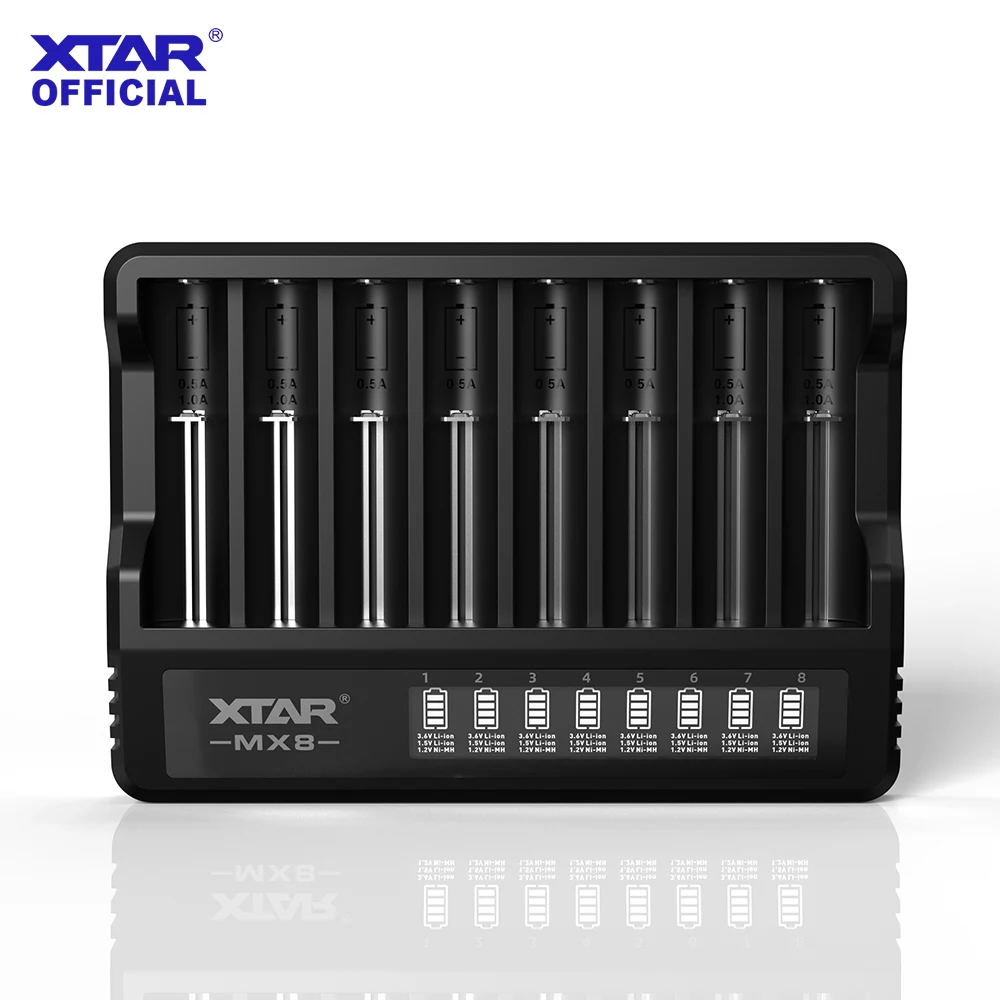 

XTAR MX8 Smart Battery Charger: 8-Slot LCD Charger for Li-ion/Ni-MH Batteries with 0V Activation & Full Protection
