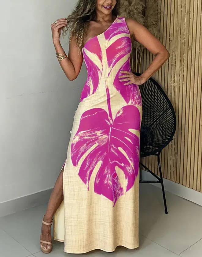 

Summer New Fashionable Elegant Color Blocked Leaf Print Slanted Collar Single Shoulder Waist Drawback Split Design Women's Dress