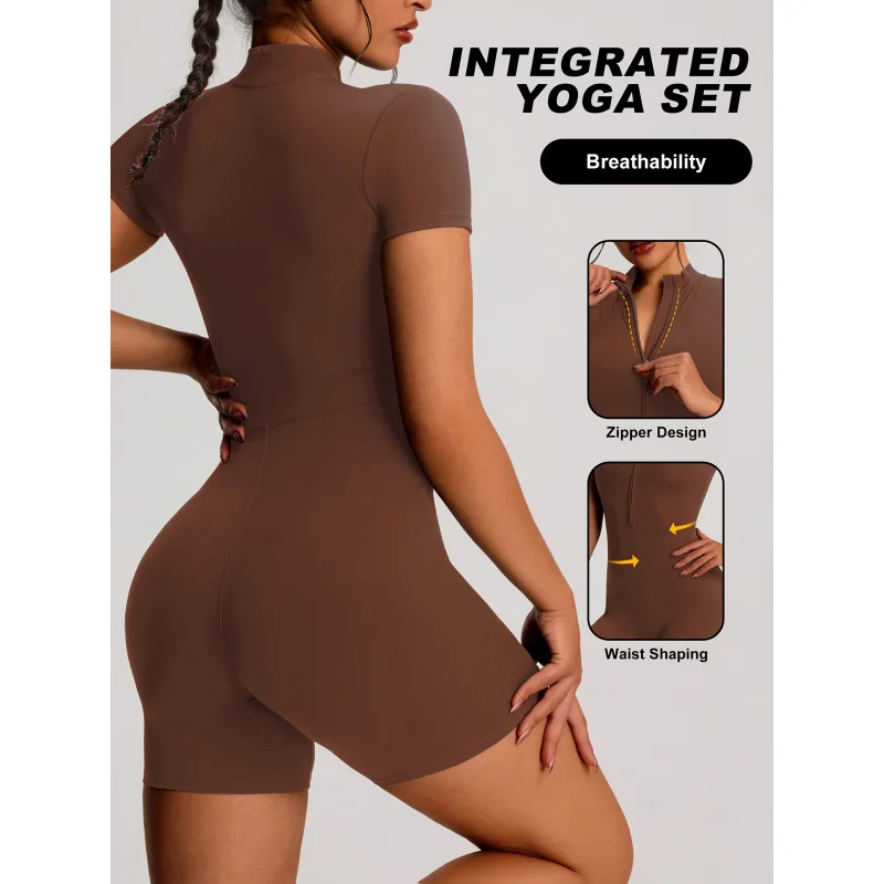 developed 1pc Solid Color Women's Sport Zip-up Stand-up Collar Casual Bodysuit Jumpsuit, Short Sleeves, Zipper Design view 4