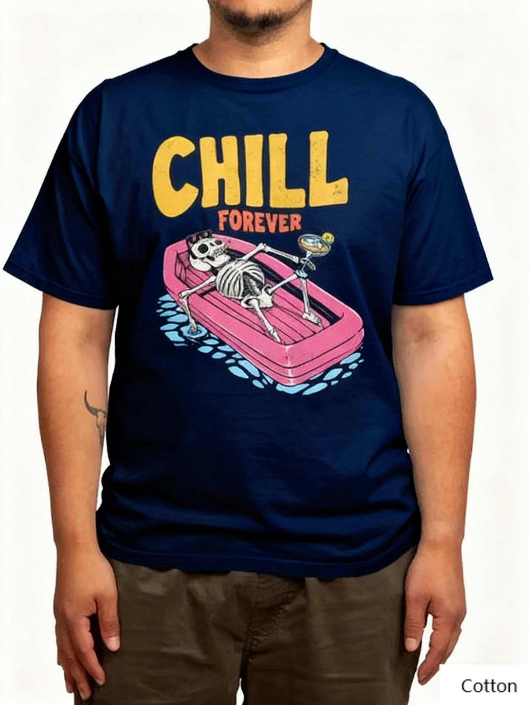 

Nostalgic Dark Humor “Vintage Skeleton Chill Forever” Cotton Crew Neck T Shirt with A Creative Print of A Skeleton, Pink Floatie