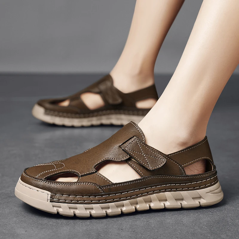 Men Leather Sandals Comfortable Outdoor Handmade Hollow Out Casual Loafers Summer Beach Walking Male Sneakers Men Beach Sandals
