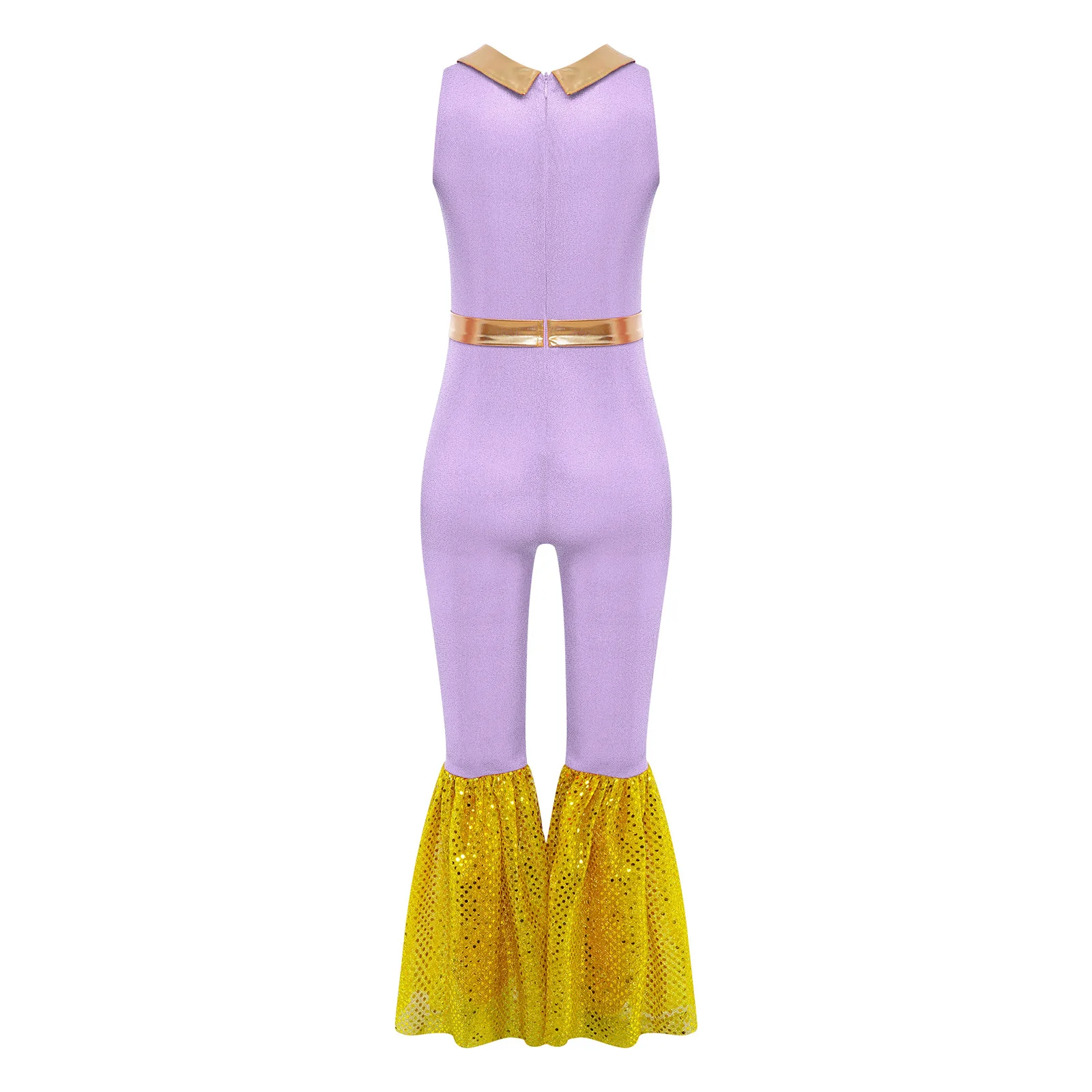 Kids Girls 60s Disco Jumpsuit Rave Party Dance Leotard Stage Performance Gymnastics Bodysuit Hippie Costume Bell-Bottomed