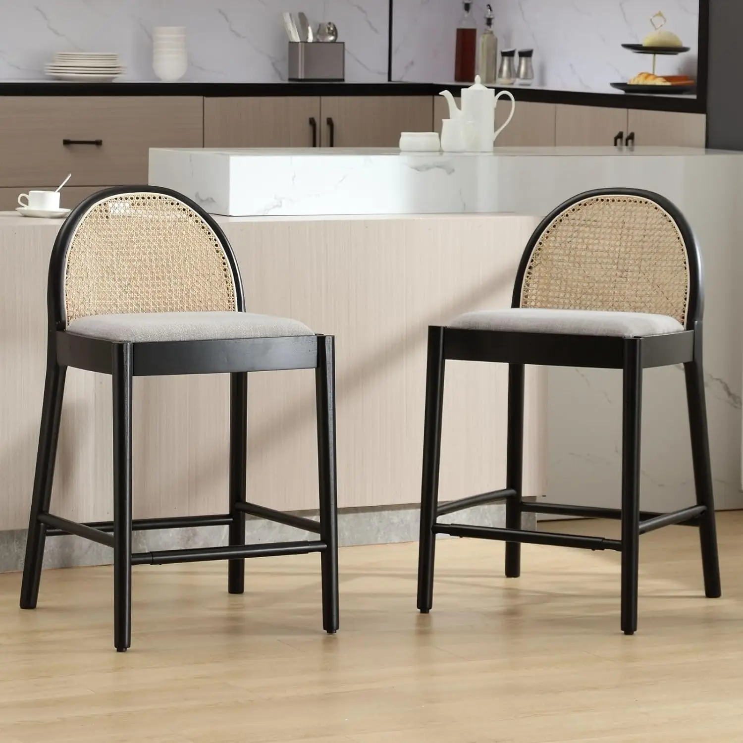 Modern Grey Rattan Counter Stools Set of 4 26 Inch Height - Wooden Linen Upholstered Bar Stools Barstool with Oval Rattan