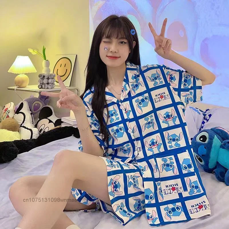 Disney-Stitch Love Pattern Pajamas Suit for Women, Cartoon Short Sleeved Shorts, Home Clothing, Cute, Y2k, New, Summer