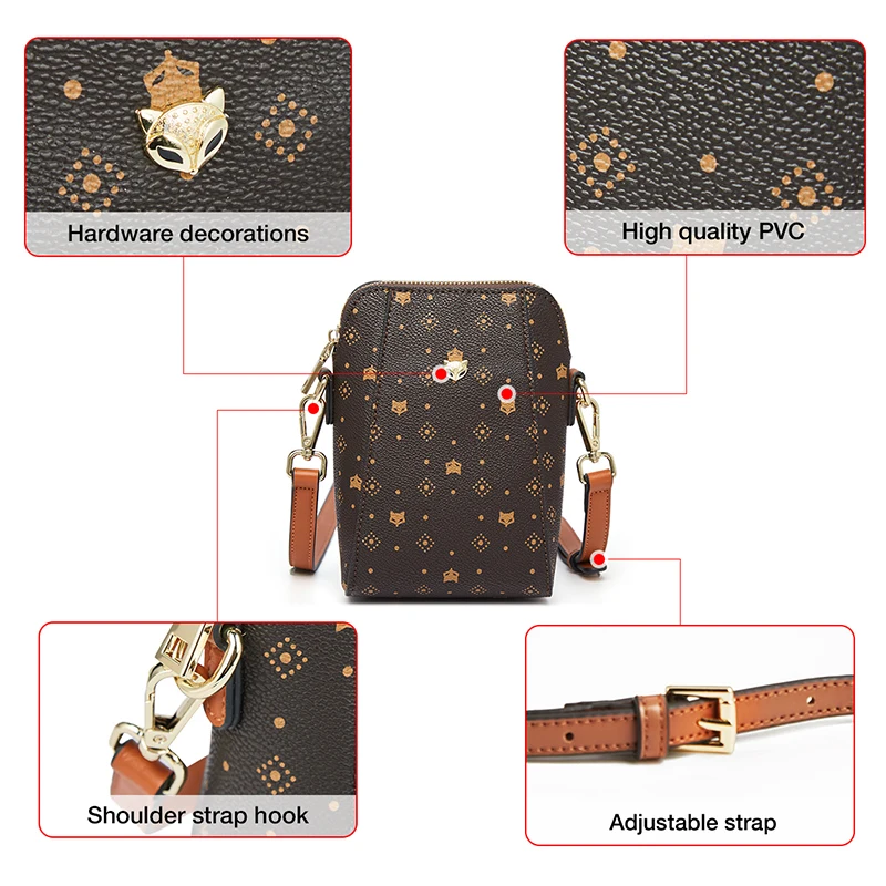 FOXER Woman Brown Monogram Cellphone Bag Vintage Shoulder Bag Travel Crossbody Bag PVC Leather Lady Mini Shopping Messenger Bags