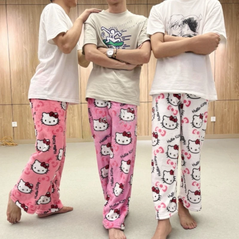 

Sanrio Hello Kitty Pajamas Black Anime Flannel Women Warm Woolen Whitecartoon Casual Home Pants Autumn Fashion Trousers Gifts