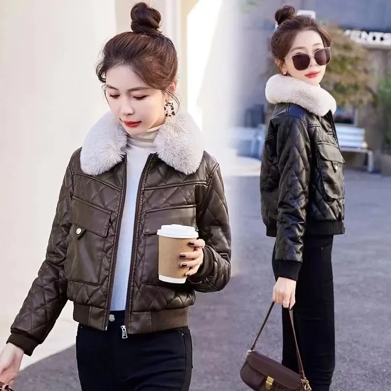 เพิ่มกํามะหยี่ PU แจ็คเก็ตหนังผู้หญิงฤดูใบไม้ร่วงฤดูหนาวใหม่ Maillard Outwear สุภาพสตรีสั้นแฟชั่นคุณภาพสูงรถจักรยานยนต์ Coat