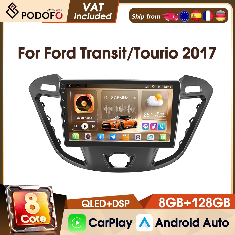 Podofo 9-Zoll 8-Kern 8+128G 4G Autoradio für Ford 2017 Transit 2017 Tourneo WIFI GPS AM FM RDS DAB Autoradio CarPlay Android Auto