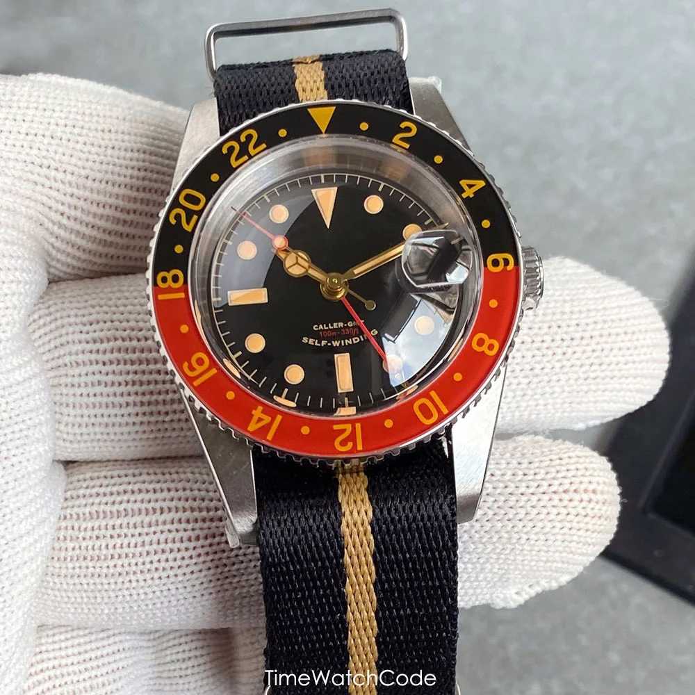 NH34 GMT Watch for Men Automatic Movement Diving 200m Waterproof Black White Retro Dial Domed Sapphire Date Luminous 38mm