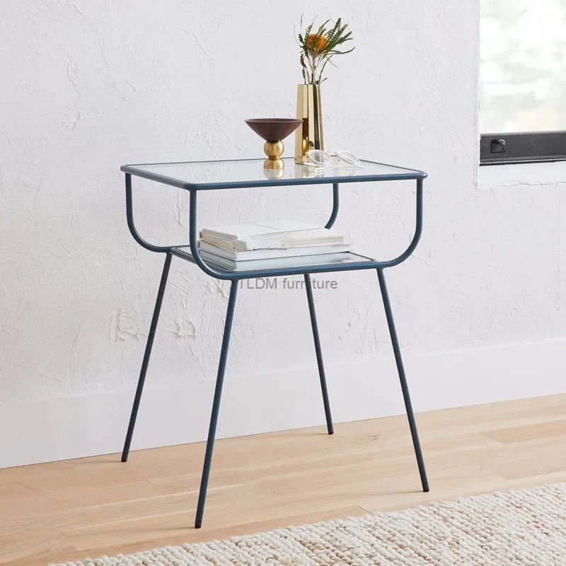 Nordic Coffee Table Luxury Side Table Wrought Iron Glass Creative Bedside Table Corner Storage Square Living Room Small Tables