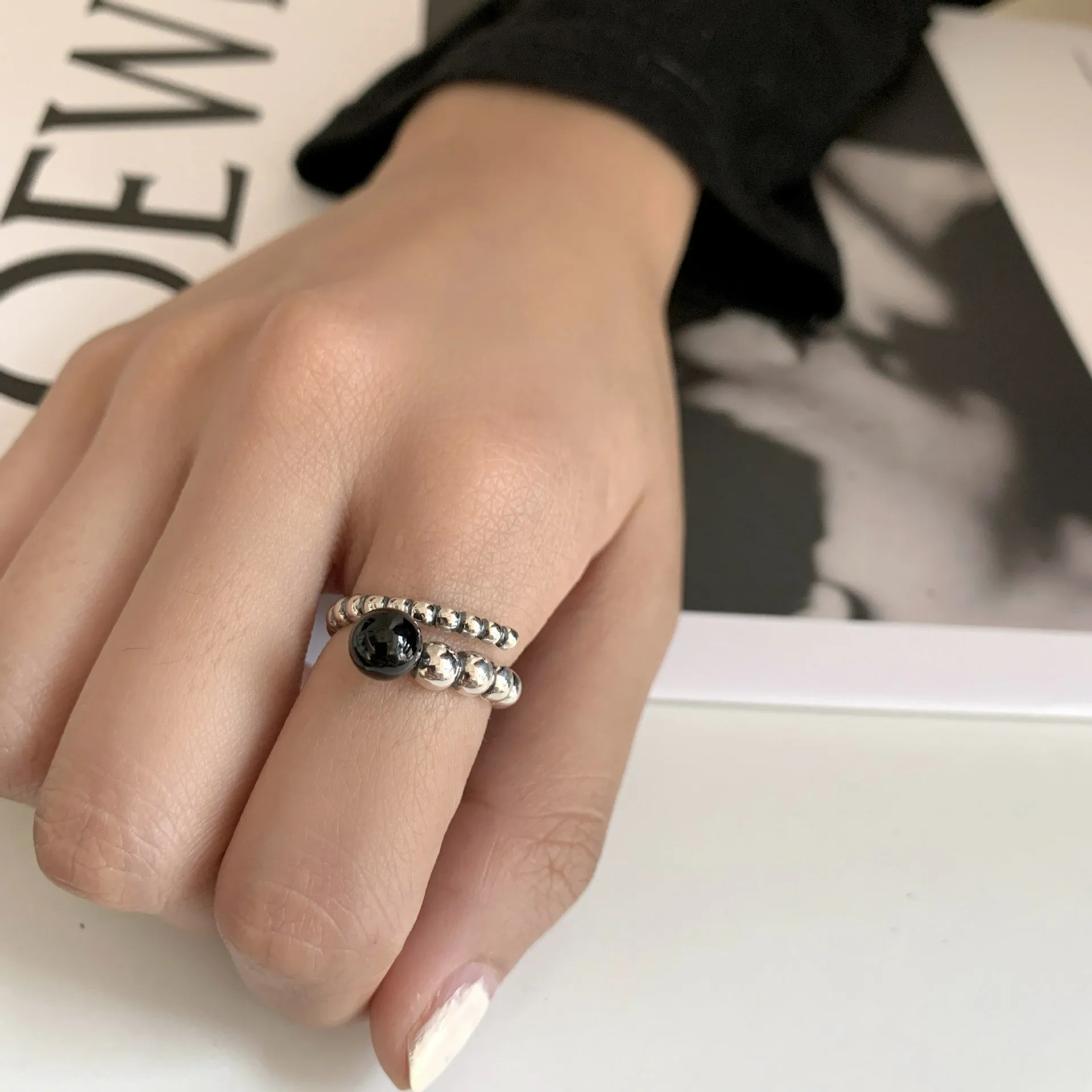 VENTFILLE 925 Sterling Silver Retro Antiquing Process Black Agate Ring For Women Versatile Party Gift Jewelry New Trendy