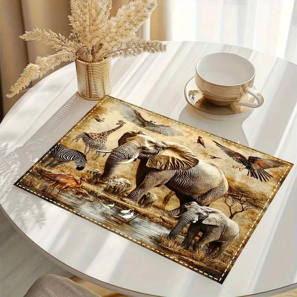 African Safari Animals Placemat Set of 4 Linen Table Mats with Elephant Giraffe for Dining Table Kitchen Decor Wildlife