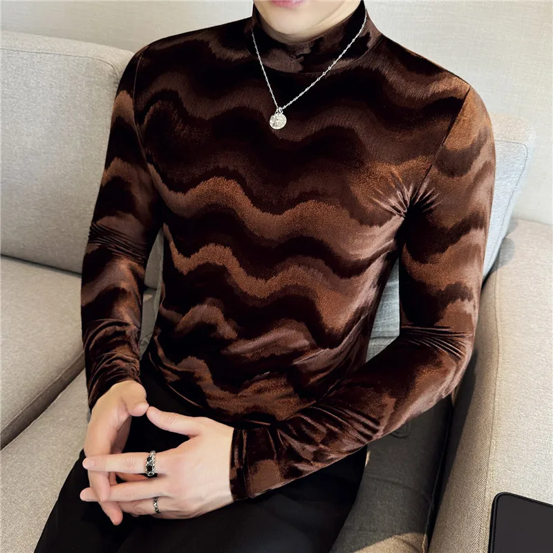 Slim Fit Tee Shirt Men Wavy Gold Velvet Mock Neck Long Sleeve T-shirt Men's Stretch High Collar Base Tops Winter Coffee Designer