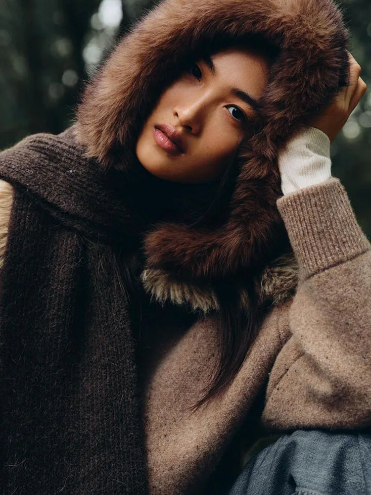 High-End Women's Faux Fur Effect Scarf Hat Winter New Arrival Ele Ethnic Sle Stage Costume Accory by ZA2025