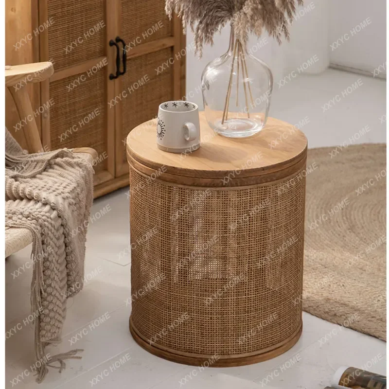 Japanese Round Coffee Table Living Room Rattan Woven Side Table Clamshell Storage Room Desks Multi-functional Home Furniture