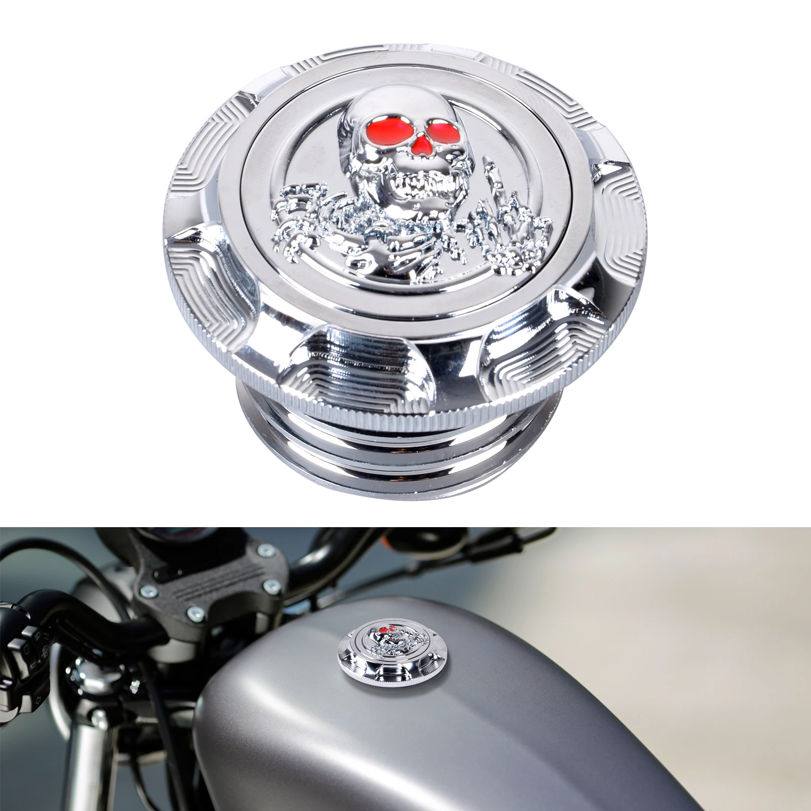 

Goldfire Motorcycle Skull Fuel Gas Tank Cover Decorative Oil Cap Fit for Harley Sportster XL 1200 883 Dyna Softail Touring FLHR