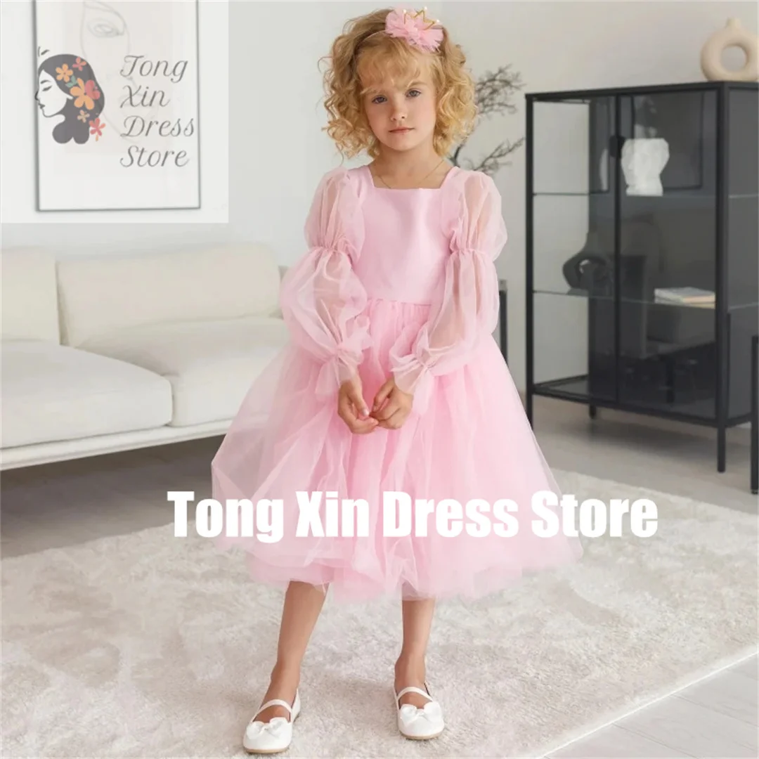 Sukienki dla dziewczynek na wesele, urodziny, bankiet, komunię, z różowego tiulu na zamówienie, z długim rękawem i kokardą na pasku.