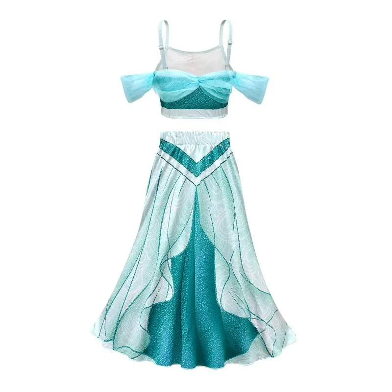 New Disney Jasmine Princess Dress Suit Birthday Party Cosplay Aladdin Magic Lamp Costume Halloween Clothing Set for Girls Gifts