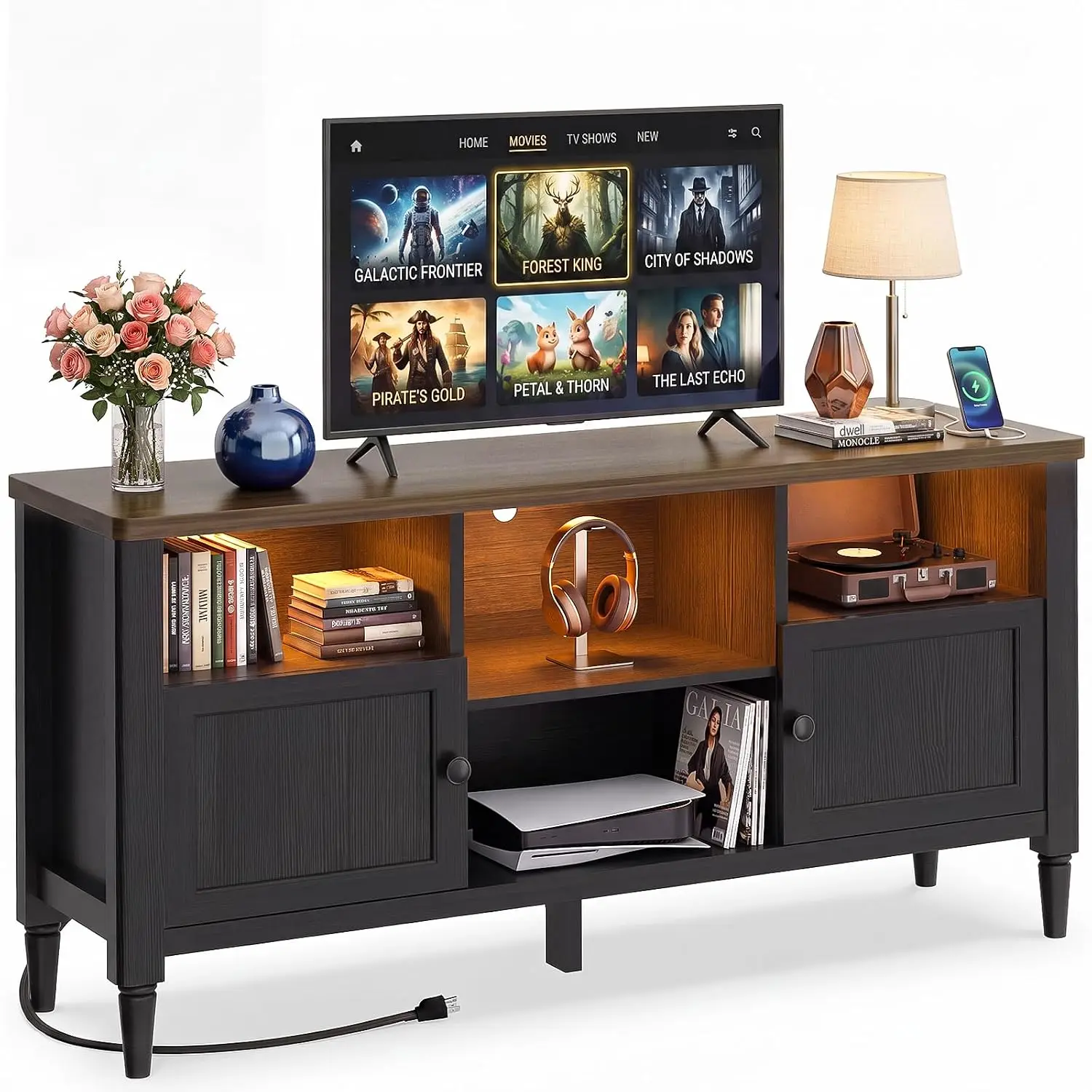 55" Farmhouse TV Stand with LED Lights & AC/USB, Entertainment Center for 65 Inch TV, Console  Customized