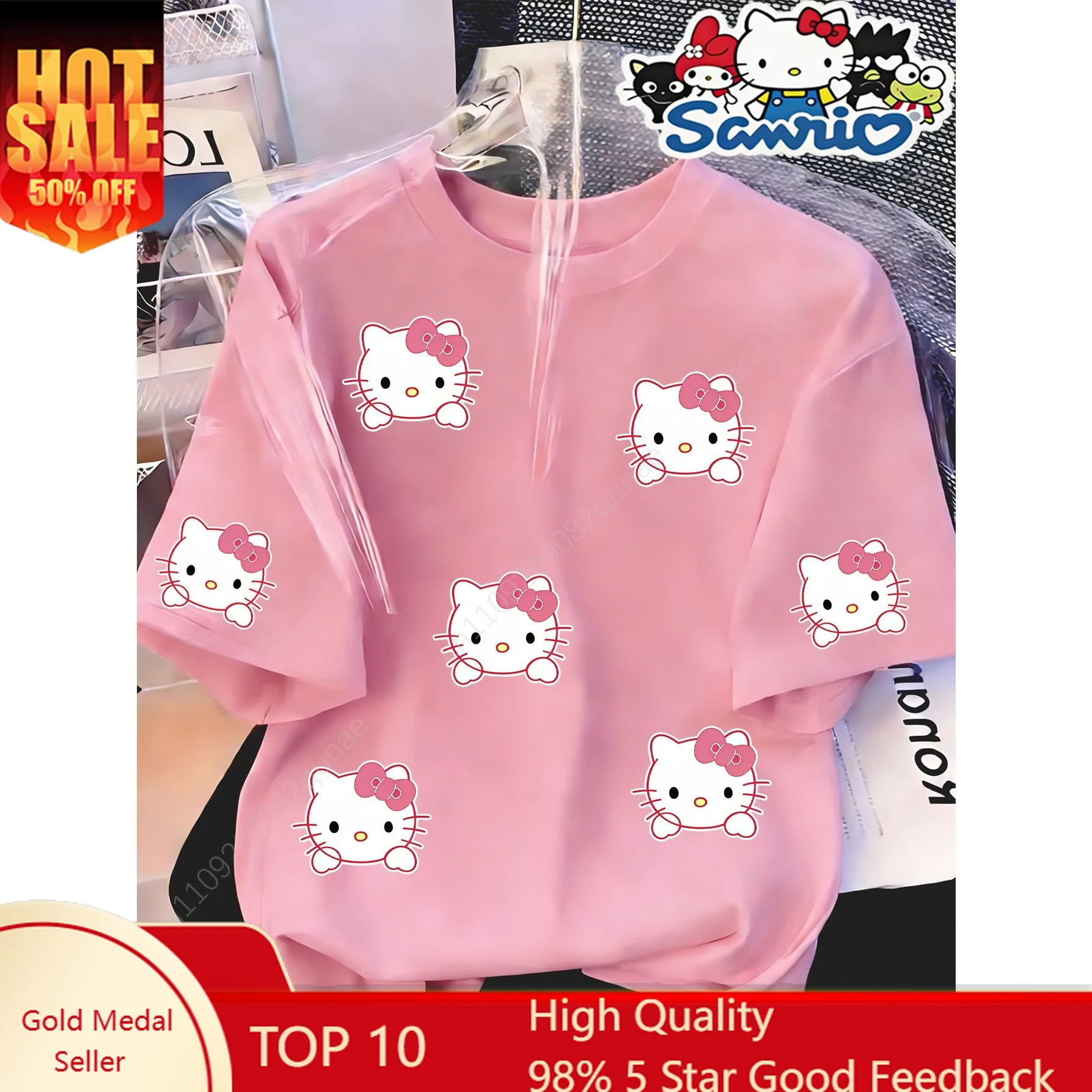 

Sanrio TShirt Sweet Style Hello Kitty All-Over Print Avatar Girl Women Elegant Short Sleeve Mother-Daughter Matching Outfits