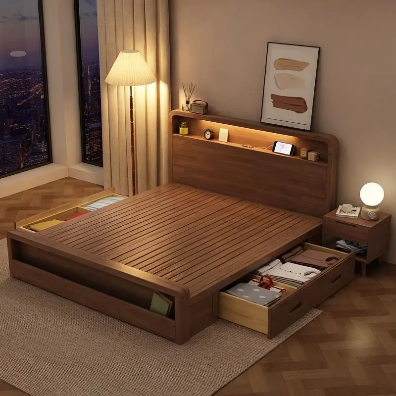 سرير من الخشب الصلب، جوز بسيط وحديث، 1.8 م، 1.5 م، سرير مفرد مزدوج