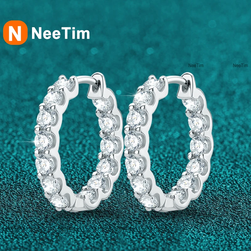 NeeTim 3mm Full Moissanite Ear Hoop Earrings 925 Sterling Silver Earring For Woman Wedding Engagement Luxury Jewelry Wholesale
