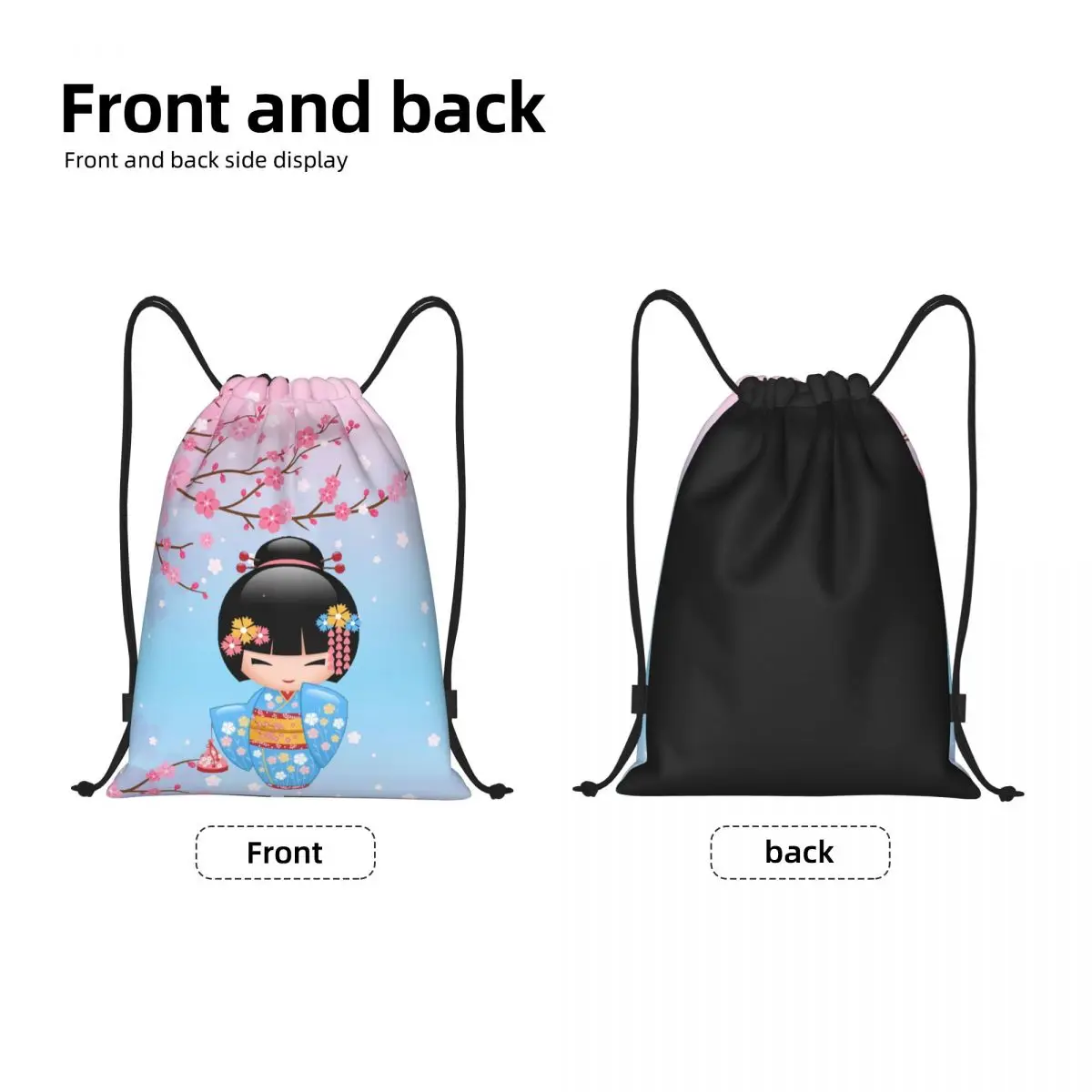 Kawaii Kokeshi Doll Drawstring Backpack Women Men Sport Gym Sackpack Foldable Japanese Kimono Geisha Girl Training Bag Sack