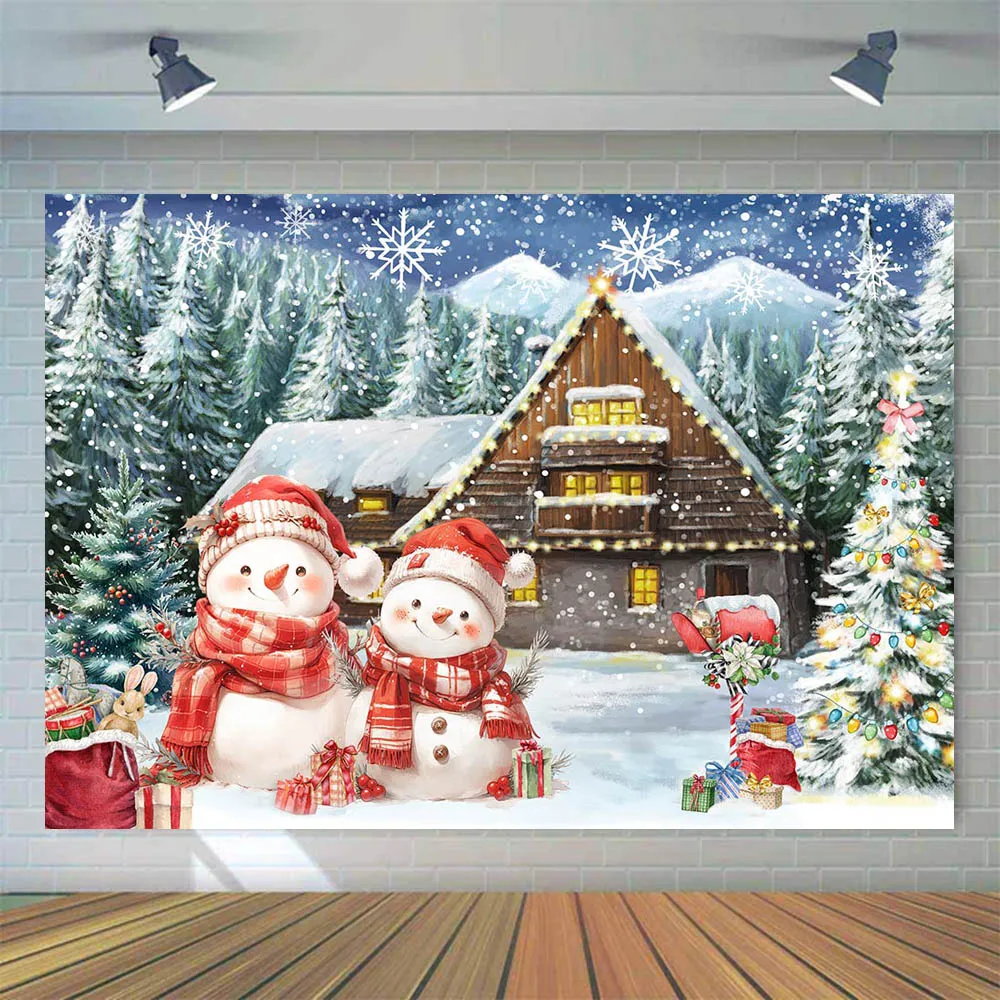 Mocsicka Winter Christmas Background Snow Forest Wooden House Snowman Xmas Tree Baby Kids Portrait Photo Backdrop Shooting Props