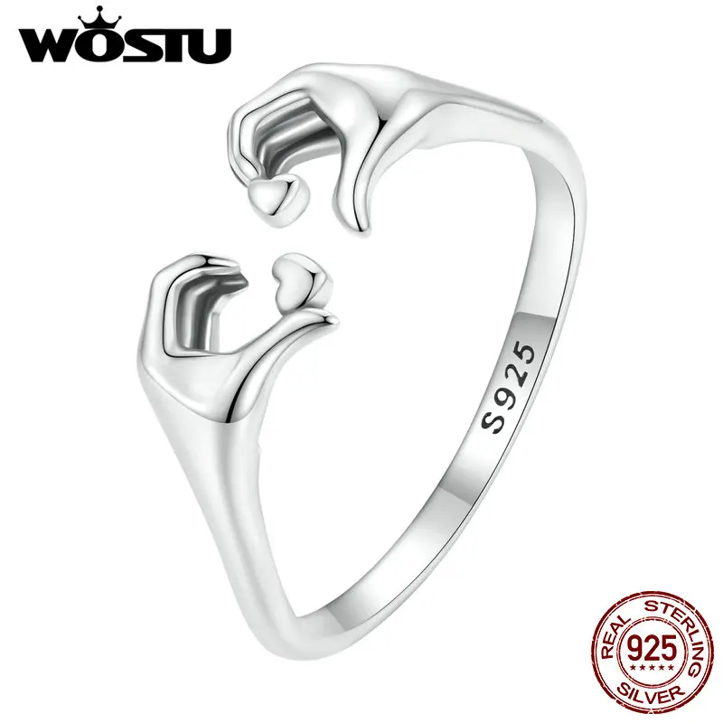 WOSTU Real 925 Sterling Silver Romantic Hand Heart Rings For Women Palm Love Couple Wedding Rings Valentine's Day Jewelry Gift