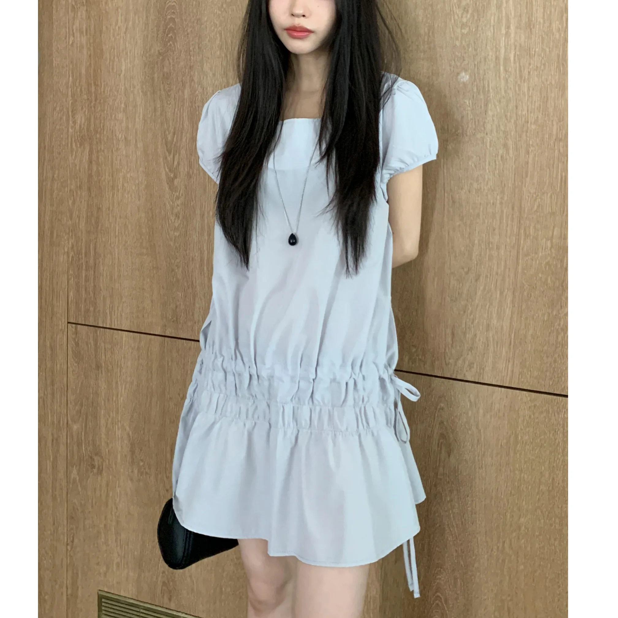 Sweet Japanese Style Women's Dress with Drawstring Elastic Design And Bubble Sleeves Commute Style Short Sleeve round Neck