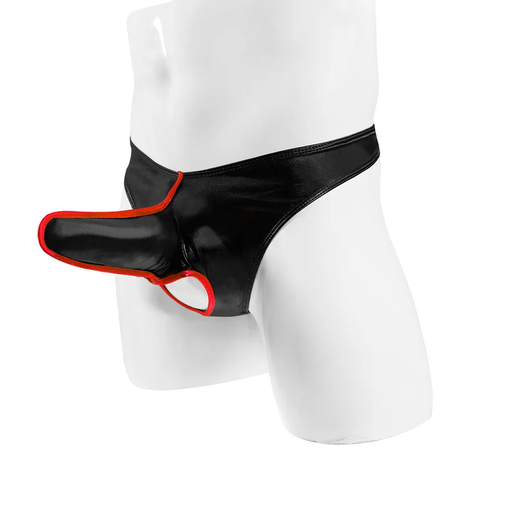 الرجال المثيرة T الظهر ثونغ لامعة بولي Leather الجلود الفيل الأنف مثليون جنسيا مثير U محدب الحقيبة g-سلسلة أوم القضيب الأكمام مفتوحة بعقب سراويل #2