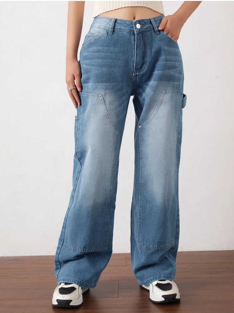 

Весенние модные светло-голубые джинсы-карго для женщин: широкие, свободные, винтажные, из денима, с эффектом потертости, повседневные, в стиле рабочей одежды, уличный стиль