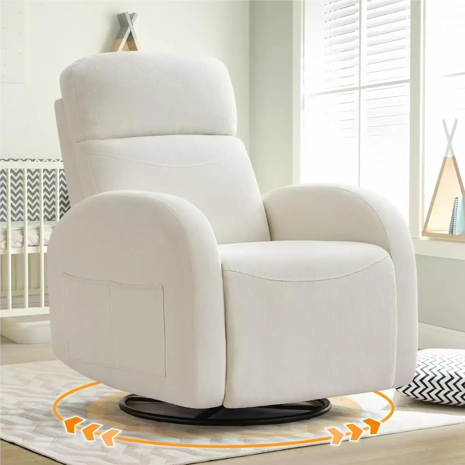 White Swivel Rocker Recliner Chair Manual Nursery Glider, Customized