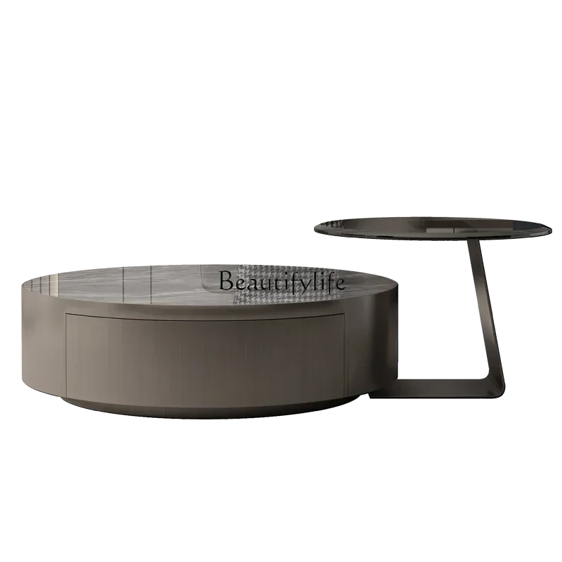 

XX39Italian light luxury stainless steel with drawer rock slab glass edge table high-end combination round coffee table