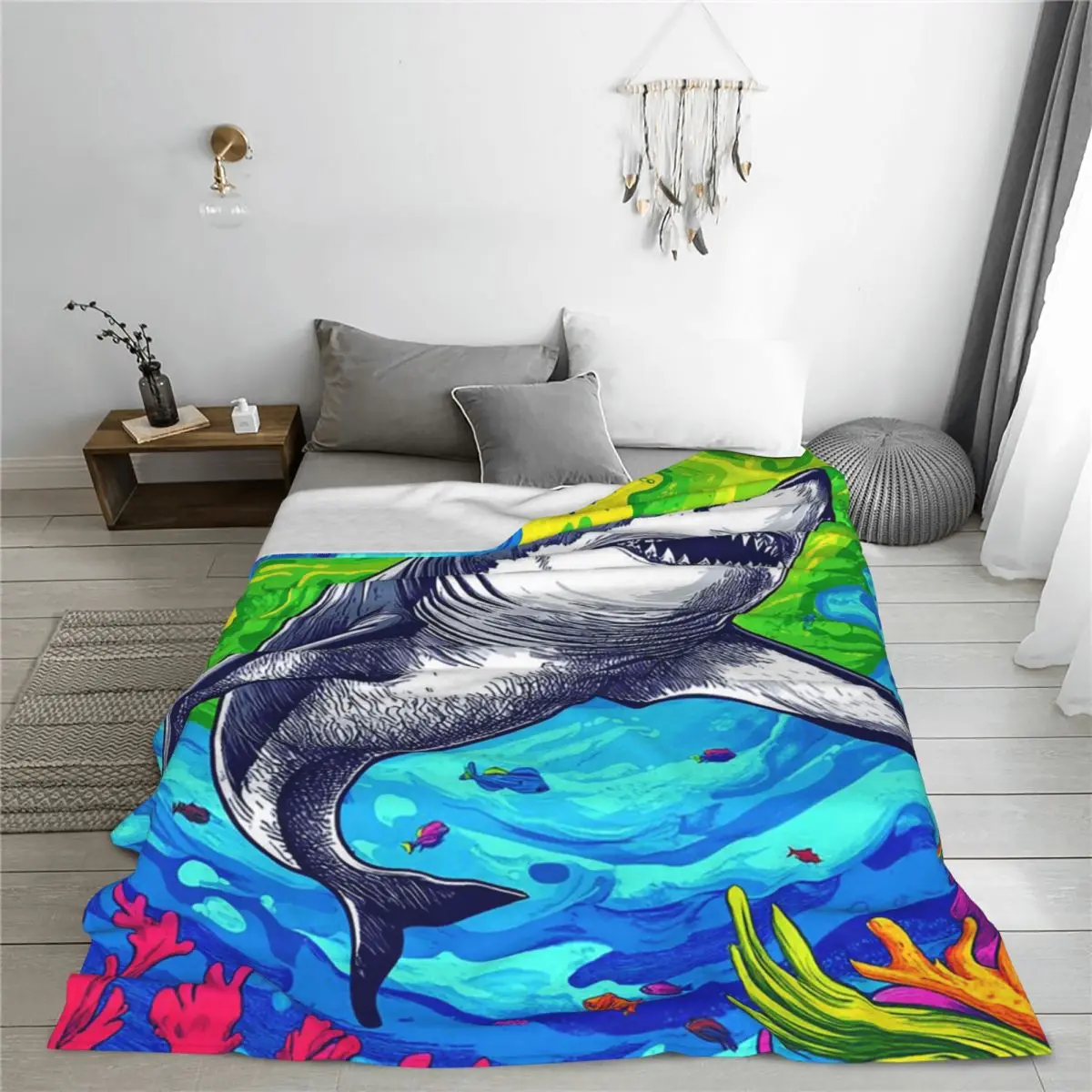 Deep Sea Shark Black Blankets Soft Warm Flannel Throw Blanket Bedspread for Bed Living room Picnic Travel Home Couch