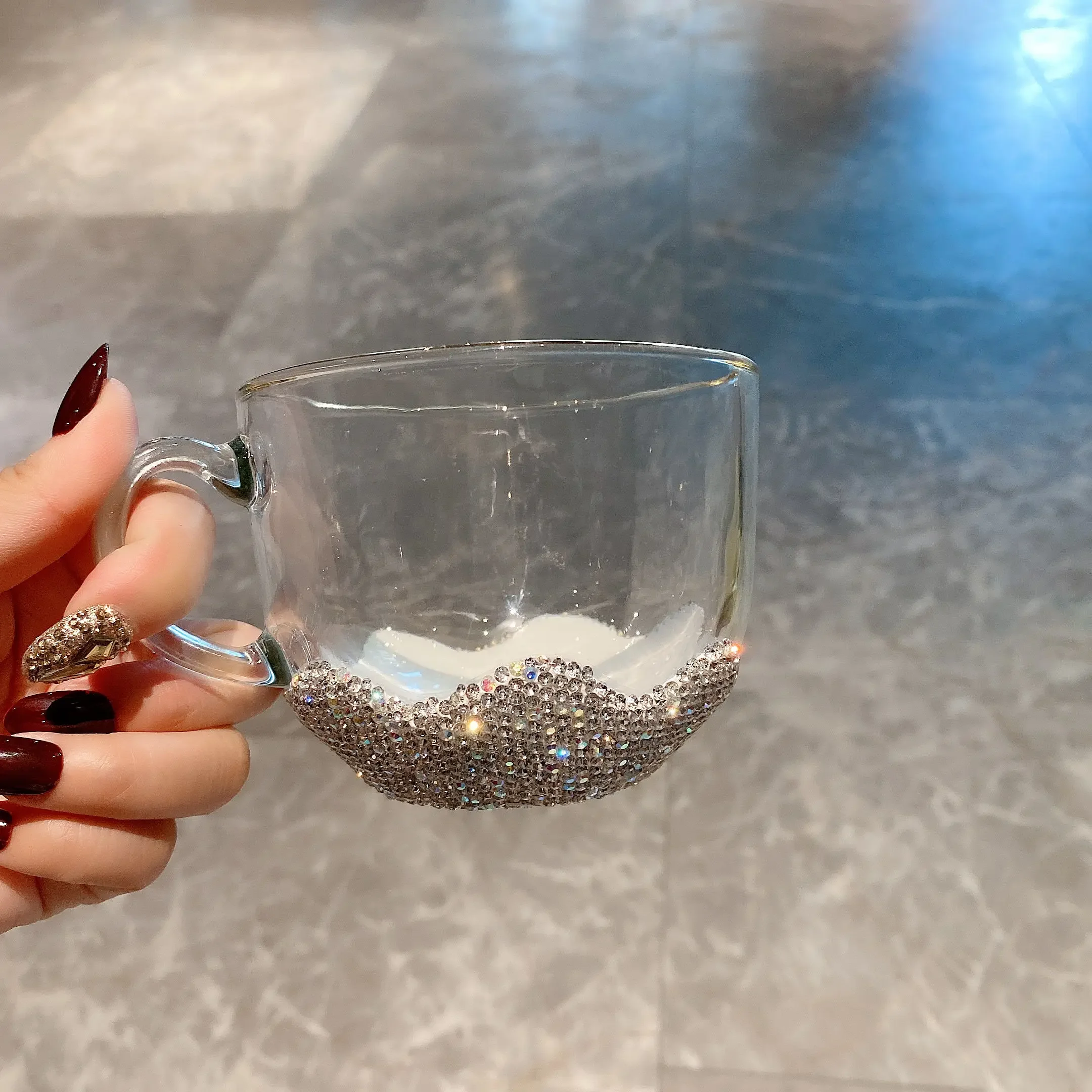 Sparkling Rhinestone Transparent Double-layer Glass Cup Large Capacity Breakfast Oat Bowl Fruit Salad Big Belly Cup Office Mug 5