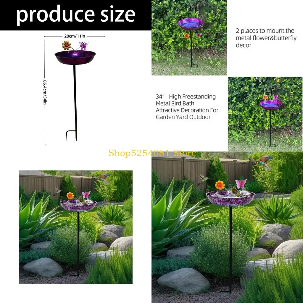 AXYC Large 34 Inch Metal Bird Bath Featuring Pretty Butterfly Flowers For Garden Or Yard