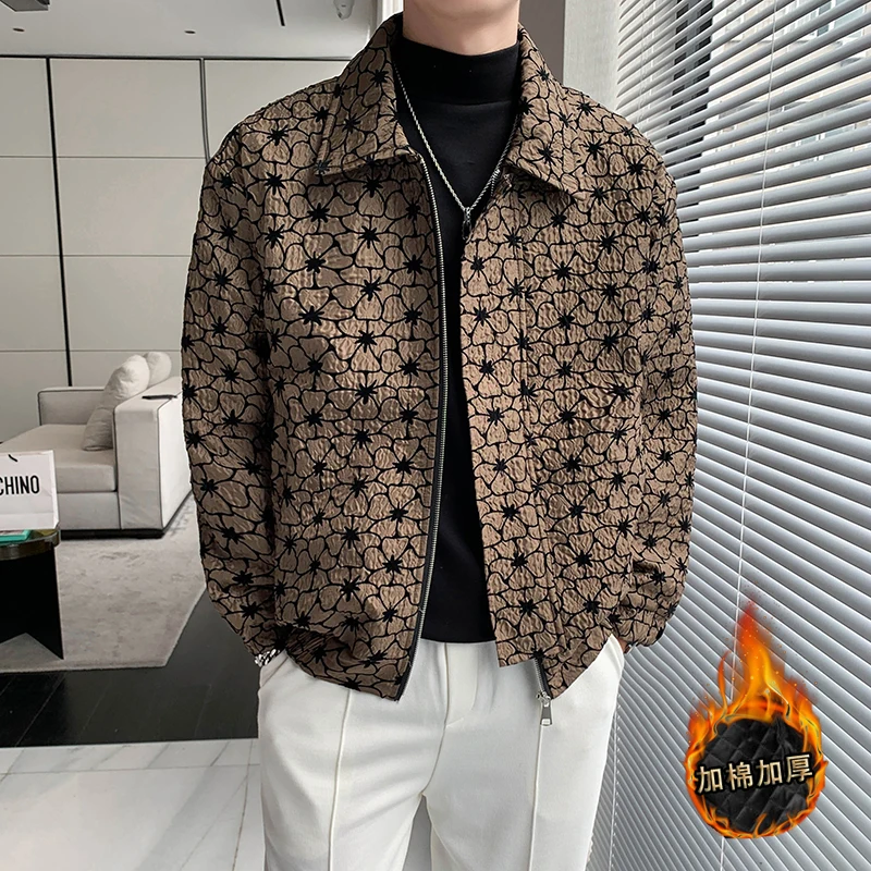 2022 Winter Jacquard Jackets Men Korean Fashion Casual Business Coats Lapel Thicken Keep Warm Parkas Social Streetwear Outwear