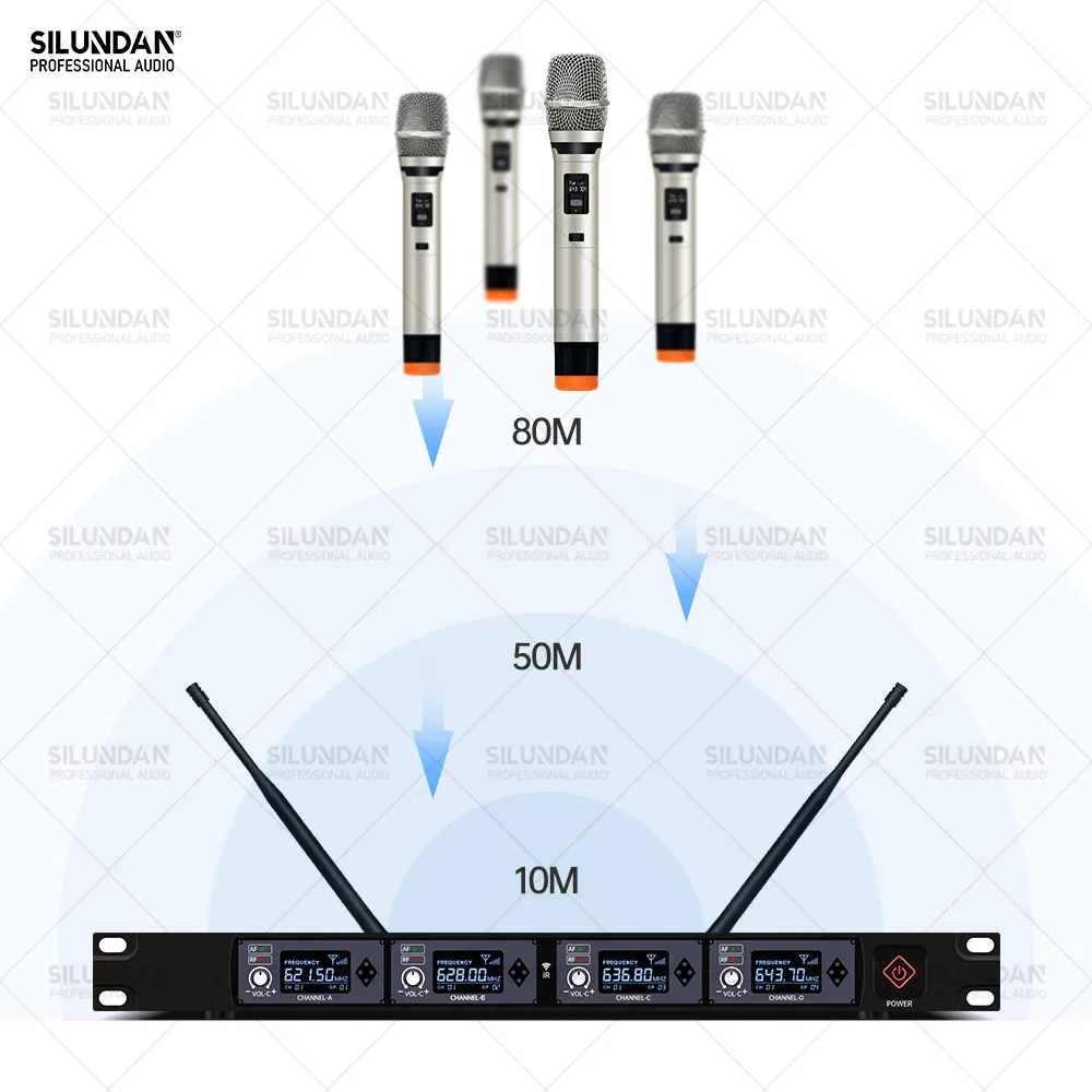 Microfono Wireless professionale a 4 canali auricolare Lavalier portatile Karaoke UHF 80M di distanza per riunioni di famiglia Stage