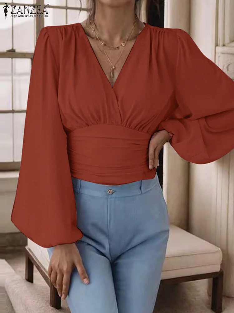 

ZANZEA Stylish Women Spring V Neck Long Puff Sleeve Work Blouse High Waist OL Cropped Tops Shirt Solid Slim Fit Party Blusas