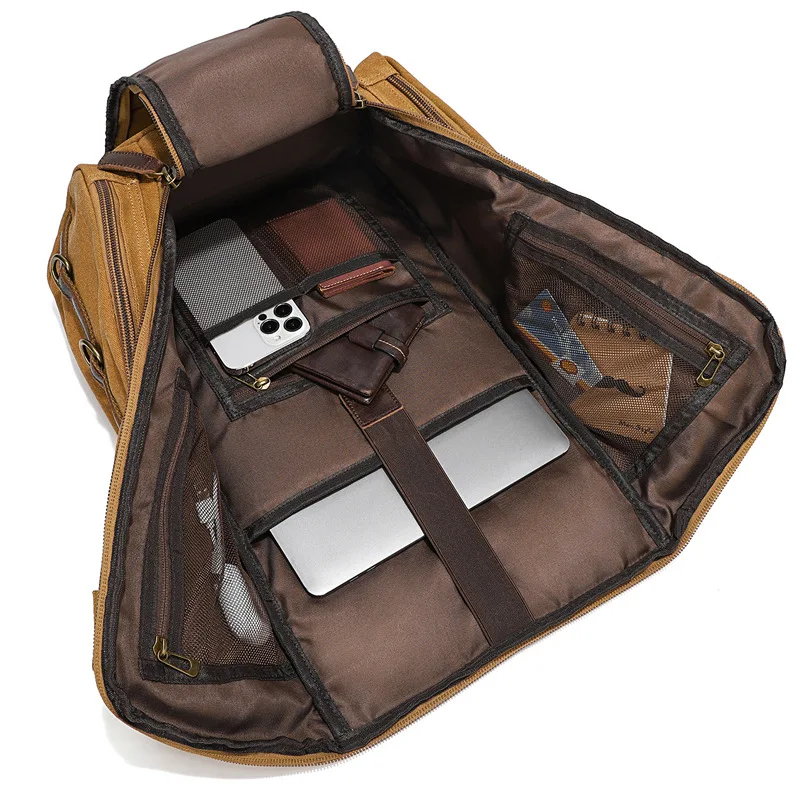 Casual Canvas Backpack with Leather Accents Multiple Zipper Pockets and Metal Rings Retro Large Capacity Travel Rucksack for Men