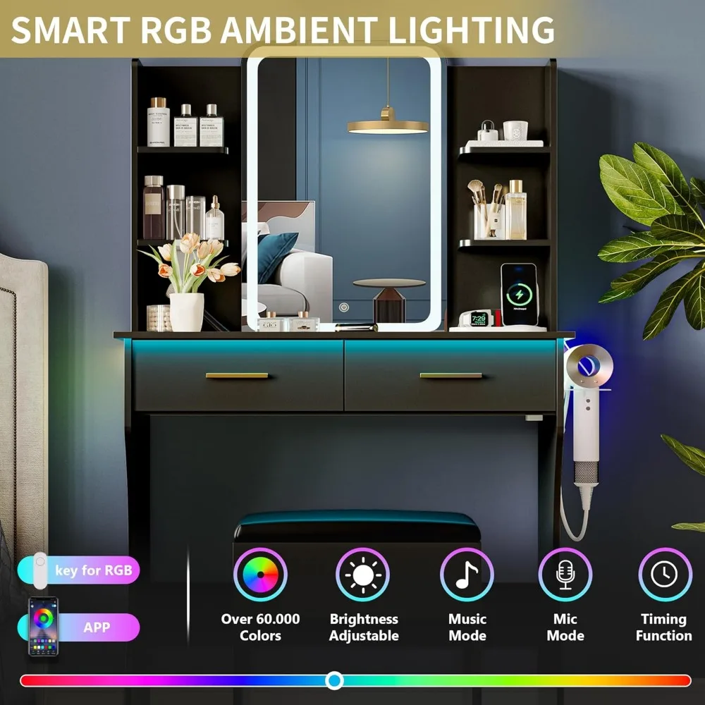 مكتب زينة مكياج مضاء بإضاءة LED مع مخرج طاقة، وأدراج تخزين مدمجة وكرسي، و3 خيارات إضاءة