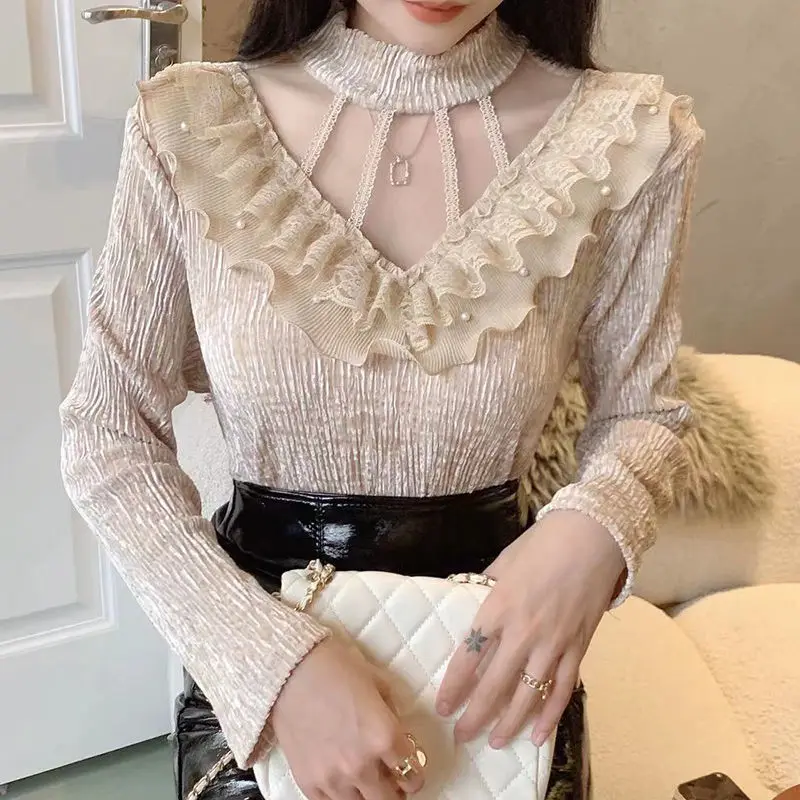 Women\'s Clothing Ruffles Half High Collar Hook Flower Hollow Solid Color Pullover Lace Patchwork Elegant T-shirt Fashion Tops