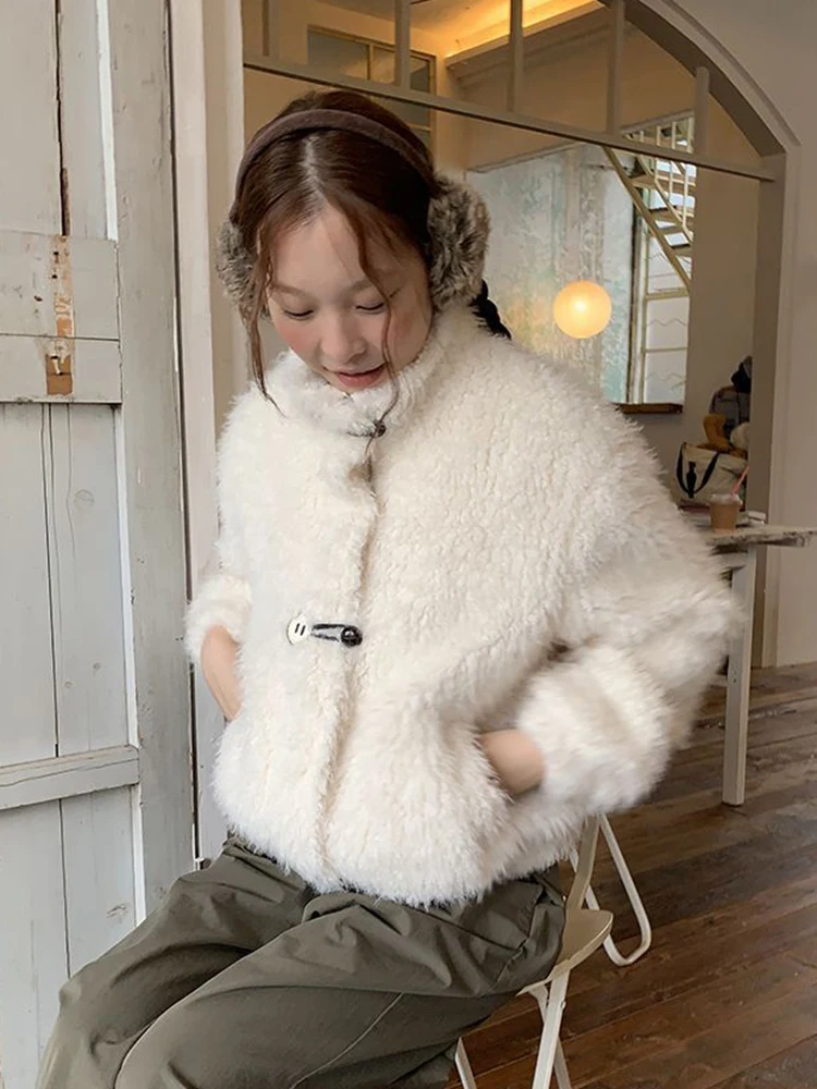 فو لامب المرأة لطيف معطف أبيض موضة الكورية الوقوف طوق كم طويل سترة حلوة شتاء دافئ سميكة فضفاضة جيوب القمم